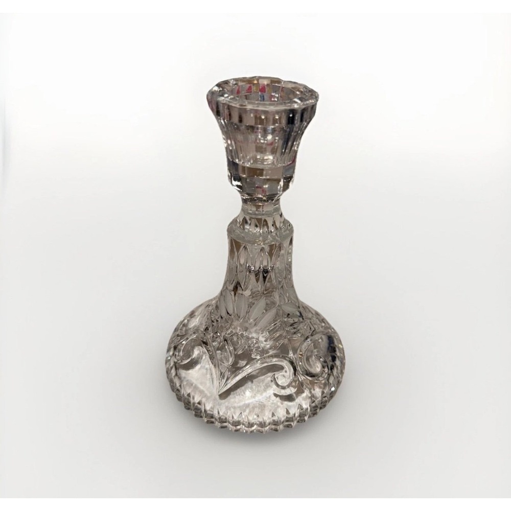 Vintage Cut Lead Crystal Taper Candle Holder Frosted Floral Scroll Bell Base